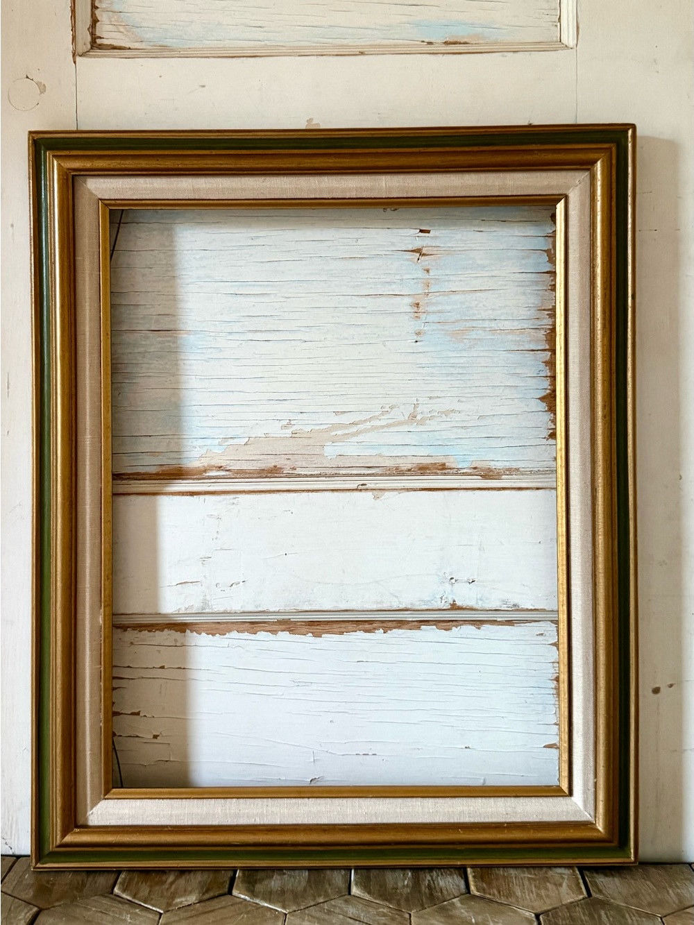 Large Vintage Wood Frame, Gilded Gold, Olive Green, Cream Linen, Handmade 22.5”